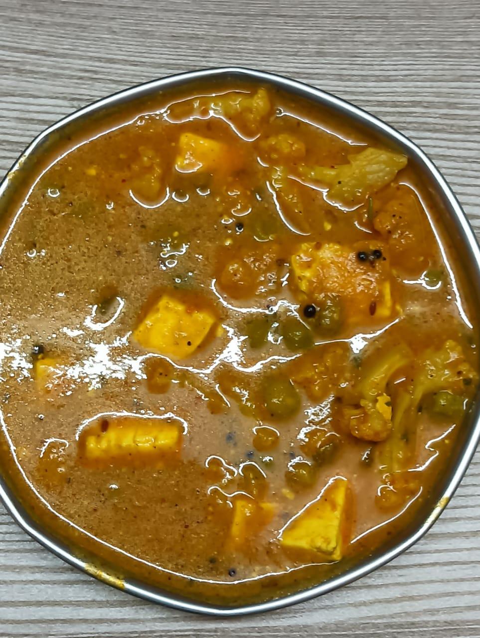 A mixed vegetable and paneer curry close up